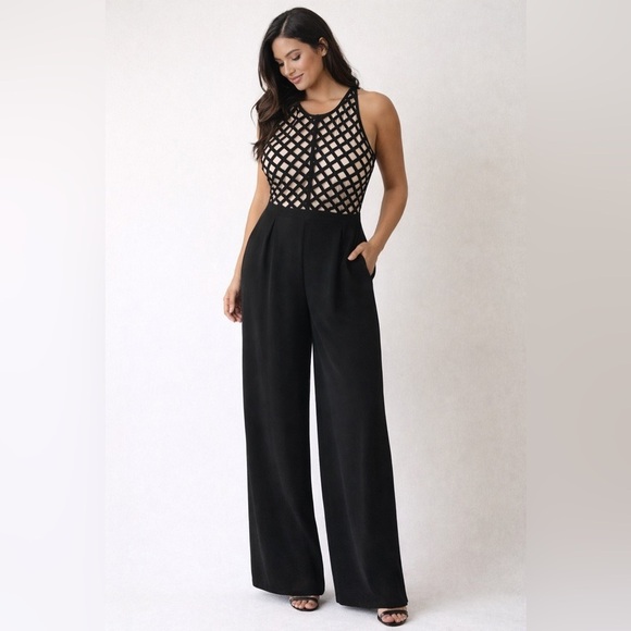 Marineblu Pants - Marineblu, Small, black pant suit, wide leg, nude top with black lattice pattern